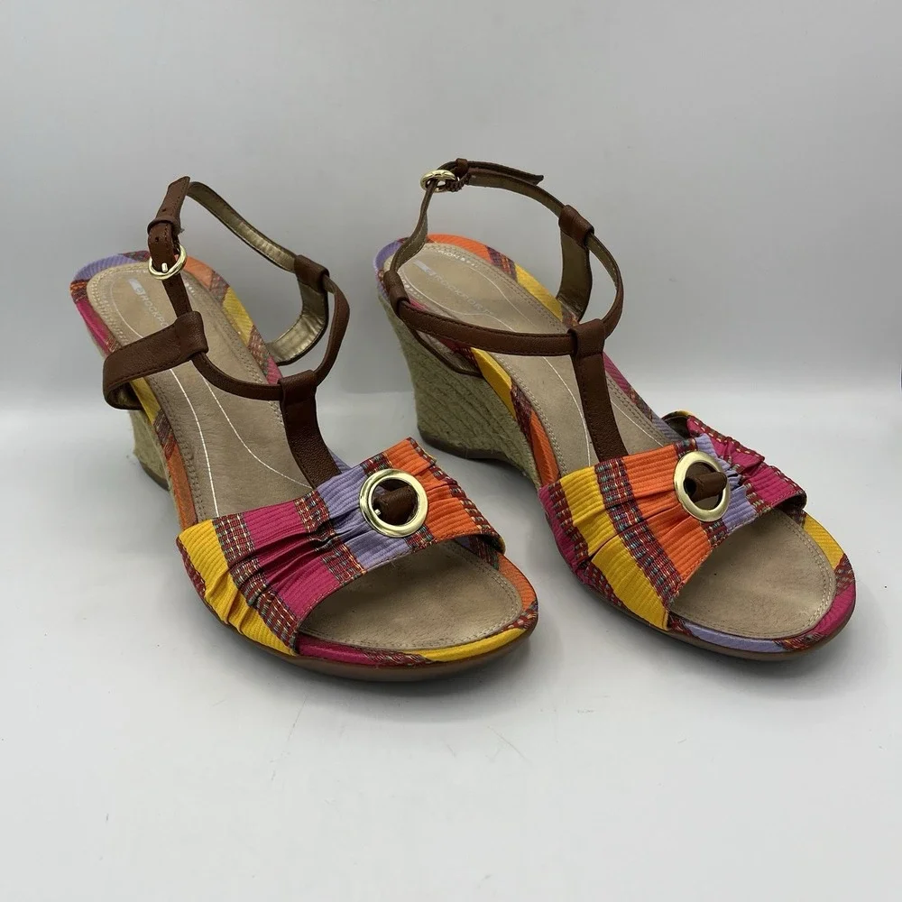 Rockport Womens Wedge Sandal Espadrile T-Strap Open Toe Leather Fabric 9 Striped